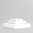 3D white podium stands, three level steps, square pedestals, cubes, vector volumetric scene mockup for product stage showcase
