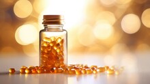 Vitamin D Capsules Tablets In Sunshine, Sunlight. Omega 3 Fish Oil Capsules And A Glass Bottle Golden Bokeh Web Banner Background.
