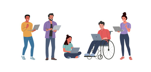 Young men and women holding and using laptop. Vector flat style cartoon  illustration