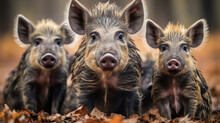 Group Of Wild Striped Boar Piglets Isolated On A White Background