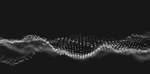 Abstract white particle background. Flow wave with dot landscape. Digital data structure. Future mesh or sound grid. Pattern point visualization.