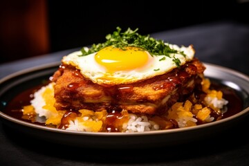 Wall Mural - Katsudon with rice, succulent pork cutlet, and egg cocooned in a sweet-salty umami sauce