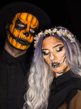 Fashion Glamour Halloween. Halloween Sale And Shopping. Portrait Of Happy Young Couple In Halloween
