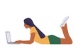© Iryna Petrenko - Freelancer woman working remotely with laptop computer while lying on floor vector flat illustration