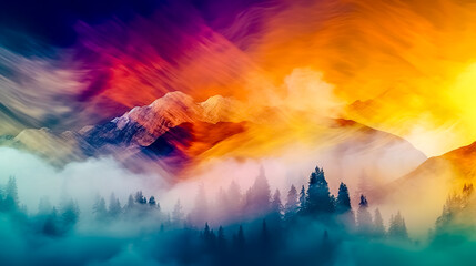 Wall Mural - colorful nature panorama with mountains and forest in creative style as wallpaper and background