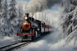 Winter postcard. Retro train goes through winter forest