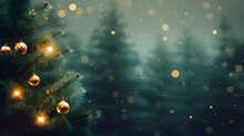 Closeup Of Christmas Tree Background With Christmas Lights And Snowflakes. New Year Holiday Background