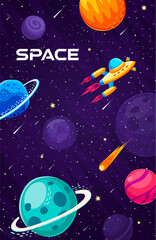 Wall Mural - space landscape poster with flying spaceship, galaxy planets, comet and stars vector background. car
