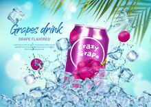 Ice Grape Drink. Grape Berries, Palm Tree Leaves, Water Splash And Ice Crystal Cubes With Aluminium Can. Realistic 3d Vector Promo Poster With Refreshing Indulgence Tin Soda Bottle On Icy Blocks Pile