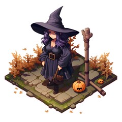 Isometric  Pixel art 3D,Halloween little witch and magic broom.