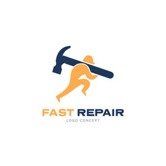 fast repair, carpenter builder with hard hat and hammer running logo symbol design template flat sty