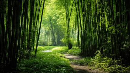 Lush greens and strong vertical lines of trees in a bamboo grove.