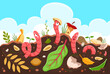 Funny cartoon earth worms in compost soil ground, vector background. Earthworm in farm garden compost soil with organic garbage or bio waste, natural agriculture and compostable environment