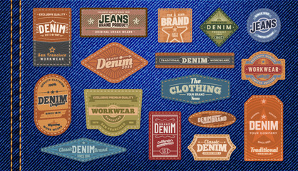 denim jeans leather patches and labels. isolated vector set of textured tags displaying brand names,