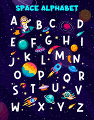 Wall Mural - cartoon space alphabet letters or english abc for kids education, vector background. kindergarten or