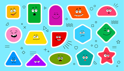 Wall Mural - Math figure shape stickers, cute geometric characters with cartoon faces, vector icons. Funny square, circle and star or rhombus and triangle geometric math shapes for school or kindergarten education