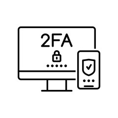 Leinwandbilder - 2FA. Two factor verification icon of vector thin line computer and mobile phone screens with secure password or login, shield and lock. Multi factor authentication sign, internet security technology