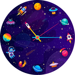 Wall Mural - Galaxy space clock with planets, stars and spaceships on clock face dial, cartoon vector. Alarm clock or watch face with arrow hand rocket, astronaut, alien UFO and asteroids in starry sky background