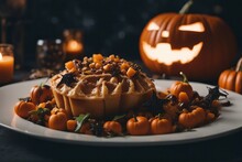 A Delectable Image Of A Halloween-inspired Pie, Exquisitely Crafted To Evoke The Spooky Essence Of October Festivities. Perfect For Showcasing The Blend Of Culinary Art And Haunted Celebration.