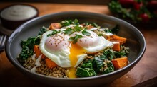 Quinoa Breakfast Bowl, Roasted Sweet Potatoes And A Poached Egg. AI Generated