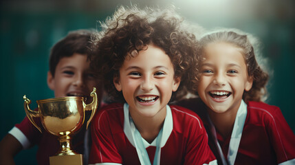 Wall Mural - Happy kids with medals and trophy cup smiling, and looking at camera