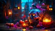 Eerie Halloween scene featuring grinning skull and flickering candles. Generative AI