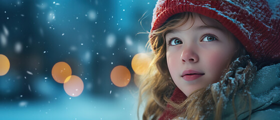 Wall Mural - Close-up of a young girl bundled up laughing under the first snowfall of the winter season.