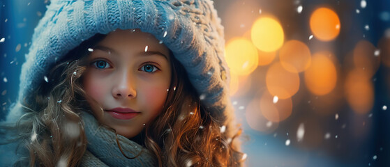 Wall Mural - Close-up of a young girl bundled up laughing under the first snowfall of the winter season.