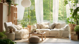 Fototapeta  - Wnętrze salonu pokoju rodzinnego z dużymi oknami firanami i wygodną sofą