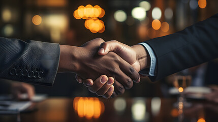 successful business agreement contract dealing businessman handshake close up hand palm with blur city building and office working space background