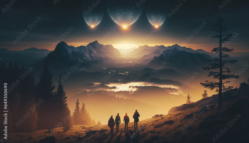 People observing mysterious lights in the sky in a valley at sunset ...