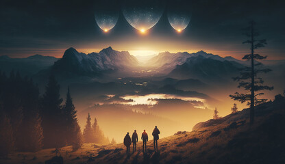 People observing mysterious lights in the sky in a valley at sunset. Large spherical UFOs floating over mountains.