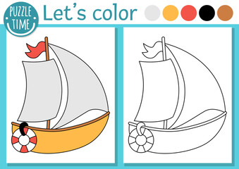 Wall Mural - Transportation coloring page for children with sailboat. Vector water transport outline illustration with cute boat. Color book for kids with colored example. Drawing skills printable worksheet.