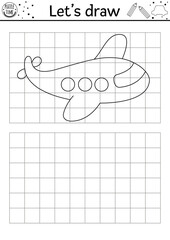 Wall Mural - Draw the plane. Vector transport drawing practice worksheet. Printable black and white activity for kids with airplane. Air transportation copy or complete the picture coloring page with aircraft.