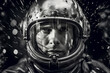 1950's Atomic age portrait of model as astronaut wearing sci-fi style space suit and helmet in preparation for experimental interstellar travel to the moon and beyond.	