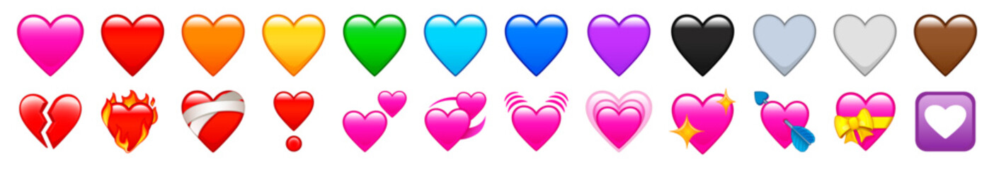 Wall Mural - Heart Emojis set. Sparkling, growing, two Hearts, beating, revolving, broken, mending, heart exclamation. Vector set iOS emoji. WhatsApp emoji. iPhone emoji set.