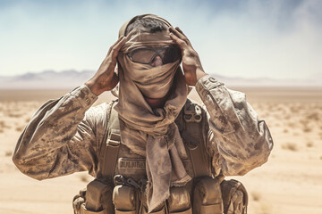 US soldier in the desert during the military operation turning to combat helicopter approaching covering his eyes. Backup is coming