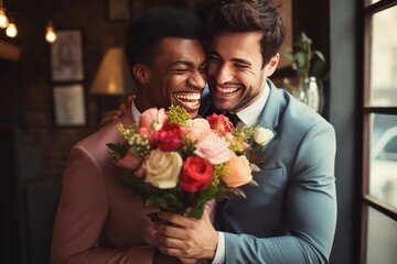 Wall Mural - Homosexual couple celebrating wedding, LBGT couple at wedding ceremony, LGBTQ community. Gay marriage. Handsome Gay Couple - Wedding photo. Gay couple wedding.