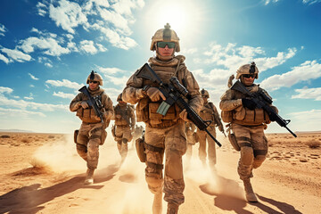 Team of United states airborne infantry men with weapons moving patrolling desert storm. Sand, blue sky on background of squad, sunlight, front view