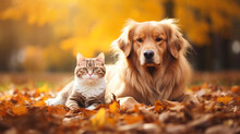 Beautiful Cute Dog And Cat Posing In An Autumn Park. Cute Pets Posing In An Autumn Forest. Best Friends Forever. Cute Sweet Dog And Cat. Adorable Couple. Sweet Animals.