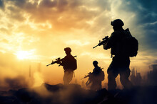 Silhouettes Of Army Soldiers In The Fog Against A Sunset, Marines Team In Action, Surrounded Fire And Smoke, Shooting With Assault Rifle And Machine Gun, Attacking Enemy