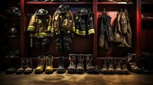 Firefighter Equipment, Aligned Boots, Fire Station Readiness, Emergency Response, Safety Dedication. Generated By AI.
