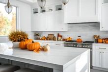 White Kitchen Decorated For Autumn Season With Pumpkin