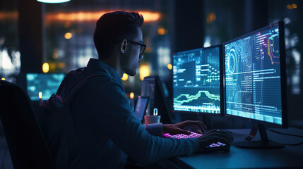 computer programmer, software engineer coding on modern computer with data science, software develop