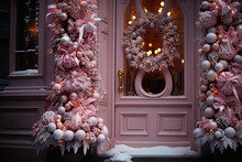 Pink Christmas Door With Christmas Festive Pink Poinsettias  Wreath 