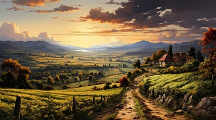 Wall Mural - Vineyards of France and Italy in an idyllic landscape at sunset