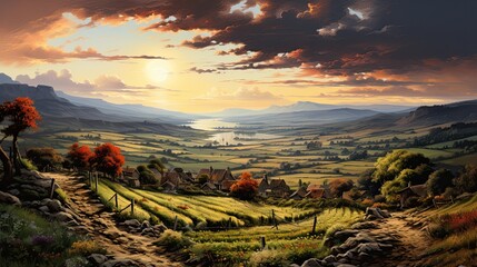 Wall Mural - Vineyards of France and Italy in an idyllic landscape at sunset