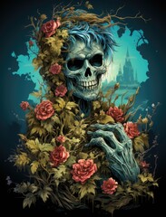 Poster - A skeleton with roses on his head, AI