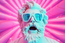 Futuristic Portrait Of An Enthusiastic Zeus Wearing Glasses Illuminated By Blue Light On A Pink Linear Perspective Background.