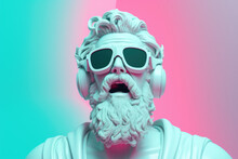 White Statue Of Zeus Wearing Glasses And Headphones Listening To Music With His Mouth Open On A Pink And Blue Background.